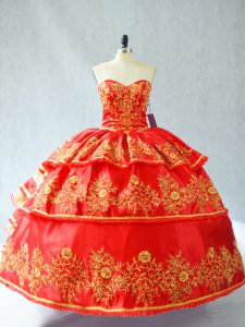 Red Ball Gowns Satin and Organza Sweetheart Sleeveless Embroidery and Ruffled Layers Floor Length Lace Up Quince Ball Go