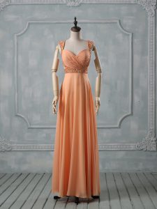 Orange Straps Neckline Beading and Ruching Prom Evening Gown Sleeveless Criss Cross