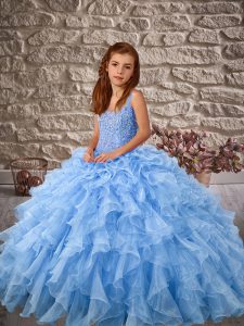 Cute Baby Blue Little Girls Pageant Dress Straps Sleeveless Sweep Train Lace Up