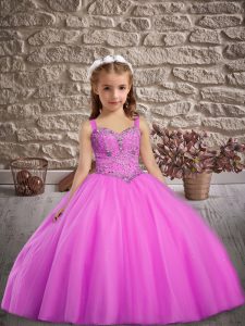 Stylish Straps Sleeveless Child Pageant Dress Floor Length Beading Lilac Tulle
