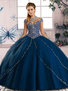Popular Brush Train Ball Gowns 15 Quinceanera Dress Blue Sweetheart Tulle Cap Sleeves Lace Up