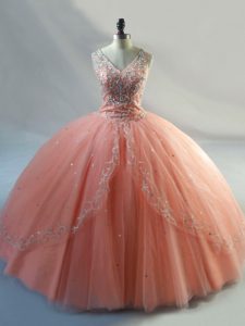 Peach Sleeveless Floor Length Beading Lace Up 15 Quinceanera Dress