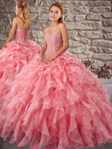 Lovely Sweetheart Sleeveless Organza Quinceanera Gowns Beading and Ruffles Brush Train Lace Up