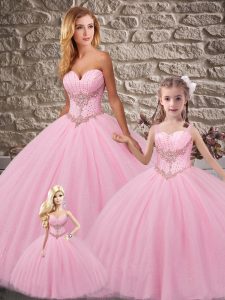 Pink Lace Up Sweetheart Beading 15 Quinceanera Dress Tulle Sleeveless