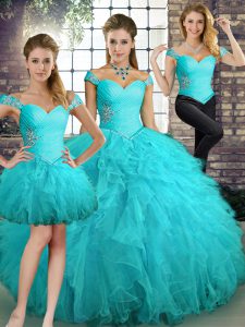 Beauteous Sleeveless Floor Length Beading and Ruffles Lace Up Sweet 16 Quinceanera Dress with Aqua Blue