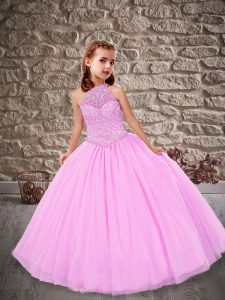 Halter Top Sleeveless Little Girls Pageant Dress Wholesale Floor Length Beading Rose Pink Tulle
