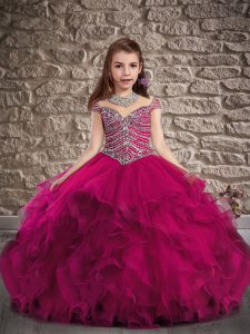 Fuchsia Off The Shoulder Neckline Beading and Ruffles Pageant Dress for Teens Cap Sleeves Lace Up