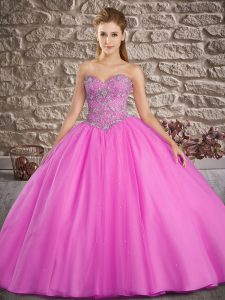Simple Lilac Ball Gowns Tulle Sweetheart Sleeveless Beading Lace Up Sweet 16 Dresses Brush Train