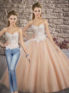 Captivating Champagne Tulle Lace Up Sweetheart Sleeveless Quinceanera Dress Brush Train Appliques