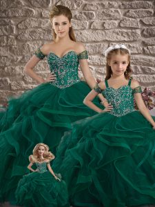 Custom Made Sweetheart Sleeveless Sweep Train Lace Up Quinceanera Dress Green Tulle