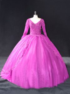 Cheap Fuchsia Lace Up V-neck Lace and Appliques Sweet 16 Dresses Tulle Long Sleeves