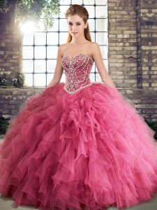 Affordable Sweetheart Sleeveless Lace Up Sweet 16 Dress Watermelon Red Tulle