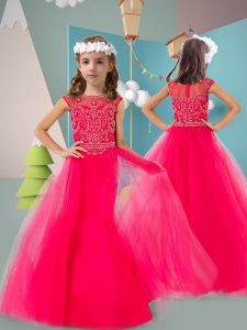 Hot Pink Cap Sleeves Floor Length Beading Zipper Little Girl Pageant Dress