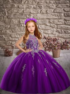 Elegant Purple Ball Gowns Tulle Halter Top Sleeveless Beading Lace Up Kids Pageant Dress Sweep Train