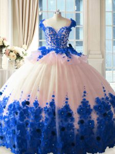 Zipper 15th Birthday Dress Blue And White for Sweet 16 and Quinceanera with Hand Made Flower Brush Train