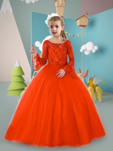 Orange Red Little Girls Pageant Gowns Wedding Party with Beading Scoop Long Sleeves Zipper