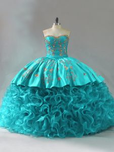Aqua Blue Ball Gowns Fabric With Rolling Flowers Sweetheart Sleeveless Embroidery and Ruffles Lace Up Quinceanera Dresse