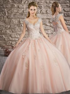 Floor Length Pink Quinceanera Gowns Tulle Sleeveless Appliques