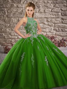 Dynamic Green Sleeveless Tulle Brush Train Lace Up Vestidos de Quinceanera for Military Ball and Sweet 16 and Quinceaner