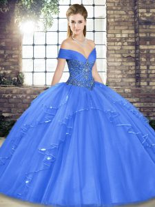 Sleeveless Floor Length Beading and Ruffles Lace Up Sweet 16 Quinceanera Dress with Blue
