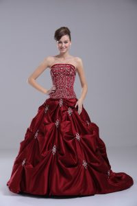 Glittering Wine Red Lace Up Strapless Embroidery and Pick Ups Sweet 16 Quinceanera Dress Taffeta Sleeveless Brush Train
