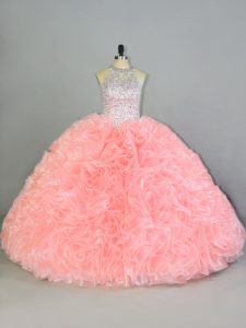 Attractive Peach Halter Top Neckline Beading and Ruffles 15th Birthday Dress Sleeveless Lace Up