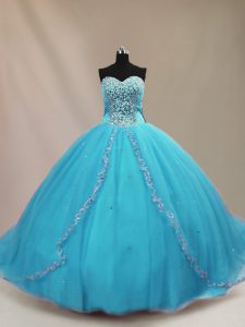Aqua Blue Ball Gowns Sweetheart Sleeveless Tulle Court Train Lace Up Beading Sweet 16 Quinceanera Dress