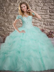 Apple Green Tulle Lace Up Off The Shoulder Sleeveless Sweet 16 Quinceanera Dress Sweep Train Lace and Pick Ups