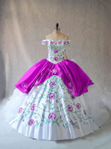 Custom Made White And Purple Sleeveless Floor Length Embroidery and Ruffles Lace Up Quinceanera Gowns