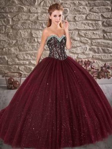 Burgundy Quince Ball Gowns Military Ball and Sweet 16 and Quinceanera with Beading Sweetheart Sleeveless Brush Train Lac
