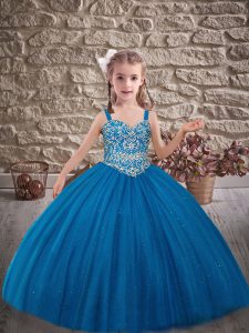 Elegant Blue Lace Up Child Pageant Dress Beading Sleeveless Sweep Train