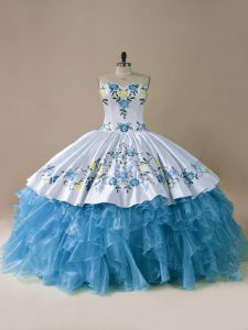 Luxurious Sweetheart Sleeveless Ball Gown Prom Dress Floor Length Embroidery and Ruffles Blue Organza
