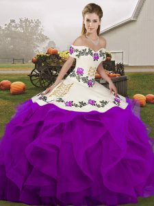 White And Purple Off The Shoulder Lace Up Embroidery and Ruffles 15 Quinceanera Dress Sleeveless