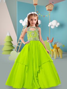 High Class Yellow Green Pageant Gowns For Girls Wedding Party with Beading High-neck Sleeveless Zipper