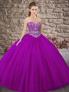 Purple Sweetheart Lace Up Beading Ball Gown Prom Dress Brush Train Sleeveless