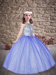 Floor Length Lace Up Pageant Gowns For Girls Lavender for Wedding Party with Beading