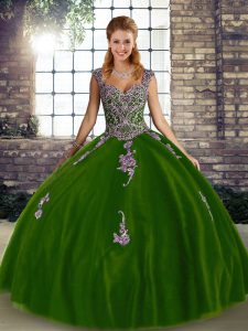 Excellent Floor Length Olive Green Quinceanera Dress Tulle Sleeveless Beading and Appliques
