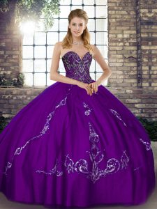 Floor Length Purple Sweet 16 Quinceanera Dress Tulle Sleeveless Beading and Embroidery