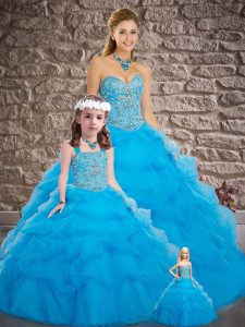 Customized Baby Blue Sleeveless Beading and Pick Ups Lace Up Vestidos de Quinceanera
