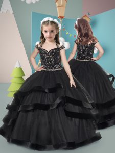 Pretty Floor Length Black Little Girls Pageant Dress Wholesale Tulle Sleeveless Beading and Ruffled Layers