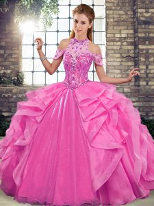 New Style Ball Gowns Quinceanera Dresses Rose Pink Halter Top Organza Sleeveless Floor Length Lace Up