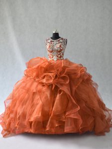Rust Red Ball Gowns Scoop Sleeveless Organza Lace Up Beading and Ruffles Quinceanera Dress