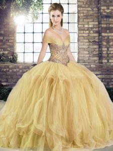 Inexpensive Gold Sleeveless Floor Length Beading and Ruffles Lace Up Quinceanera Gown
