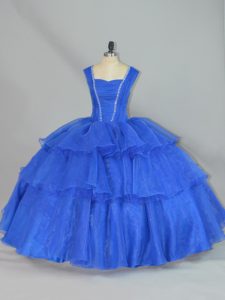 Low Price Blue Ball Gown Prom Dress Sweet 16 and Quinceanera with Beading and Ruffled Layers Straps Sleeveless Lace Up