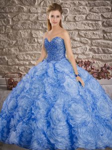 Charming Blue Ball Gowns Fabric With Rolling Flowers Sweetheart Sleeveless Beading Lace Up Sweet 16 Quinceanera Dress Br