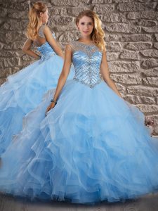 Blue Lace Up Quinceanera Gown Beading and Ruffles Sleeveless Brush Train