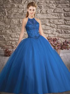 Tulle Halter Top Sleeveless Brush Train Lace Up Beading Quince Ball Gowns in Blue