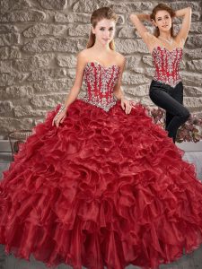 Attractive Sweetheart Sleeveless Brush Train Lace Up Quince Ball Gowns Burgundy Organza