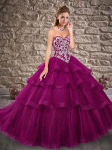 Brush Train Ball Gowns Quinceanera Dress Fuchsia Sweetheart Tulle Sleeveless Lace Up