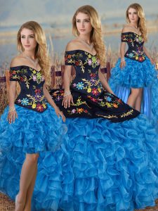Floor Length Blue And Black 15 Quinceanera Dress Off The Shoulder Short Sleeves Lace Up